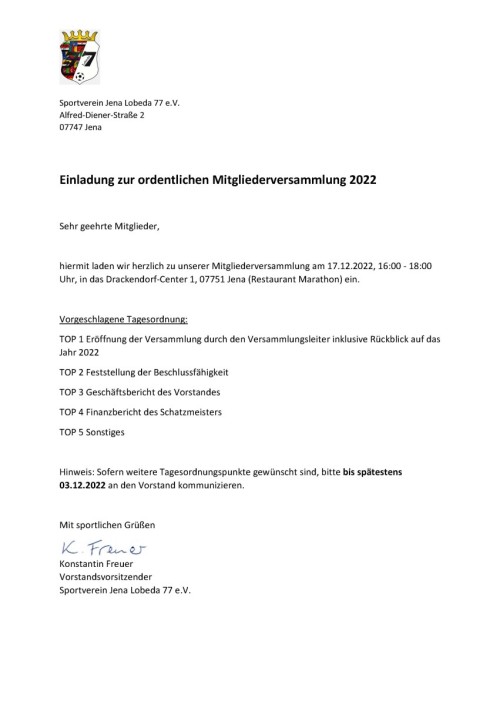 Ordentliche Mitgliederversammlung 2022 im Restaurant Marathon in Drackendorf